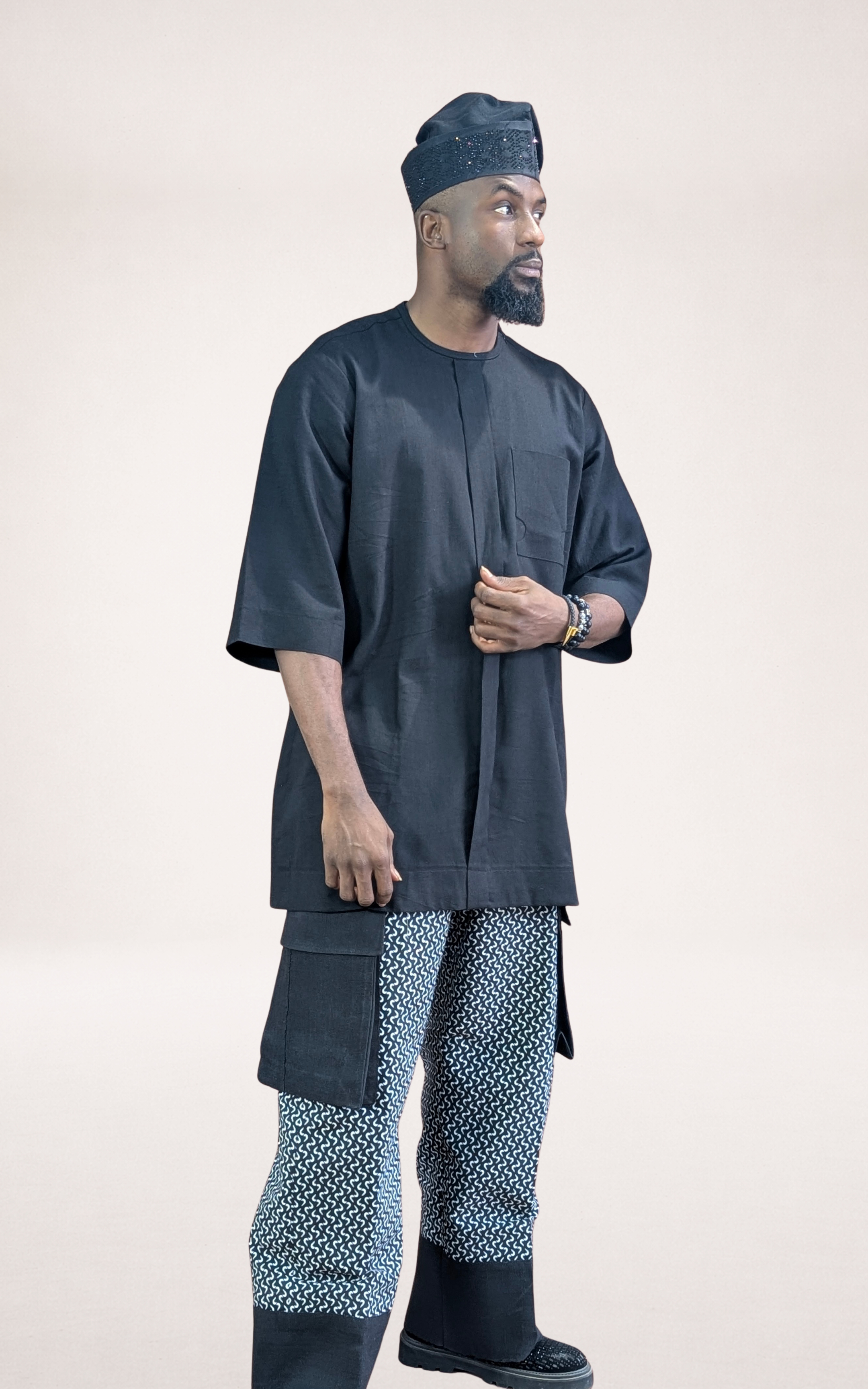 Black Native Shirt /w Black & White Adire Trousers and Black Cap - page 2